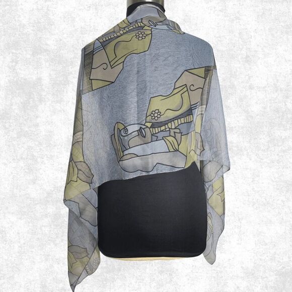 Sheer Abstract Art Scarf Wrap – Picasso Style Print – Lightweight Festival Layer - Picture 1 of 5